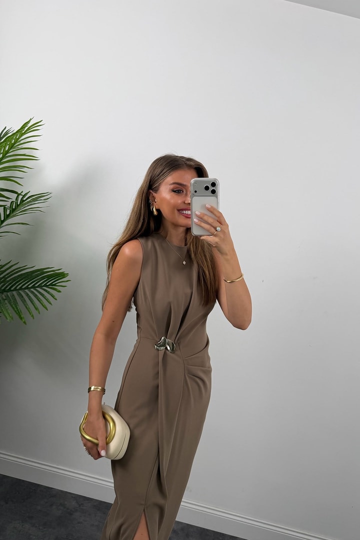 Lüx Kalite Bel Detaylı Drapeli Midi Boy Kalem Elbise Camel