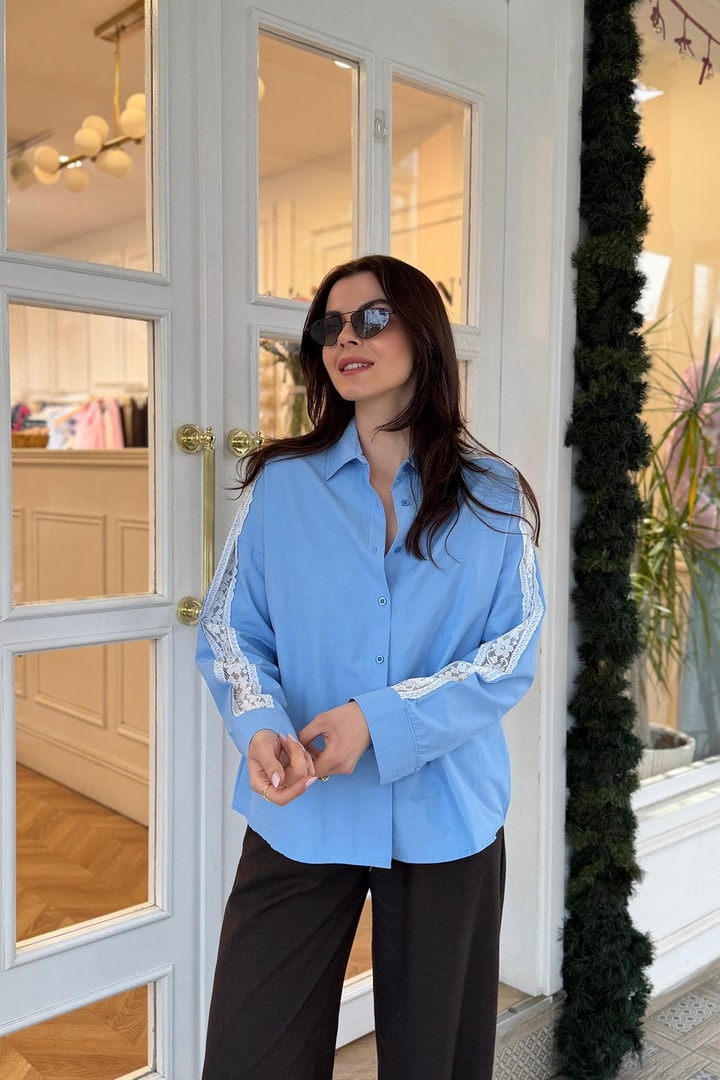 Lüx Kalite Kolu Dantelli Tasarım Gömlek Mavi
