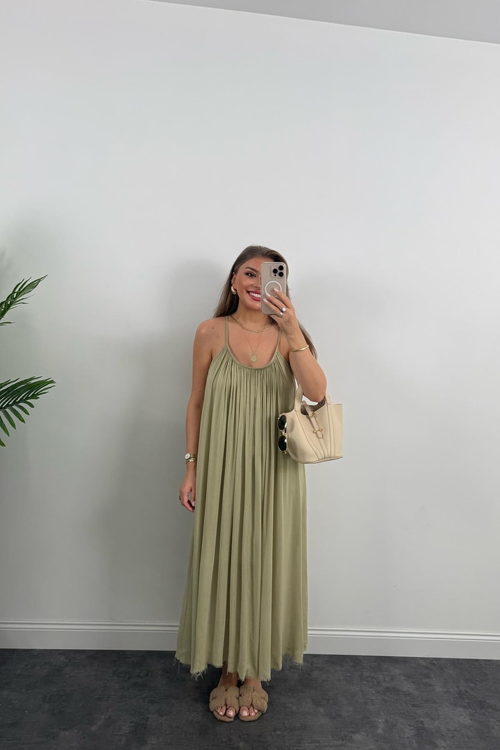 Lüx Kalite Naturel Seri %100 Pamuklu Astarlı Maxi Elbise Haki 