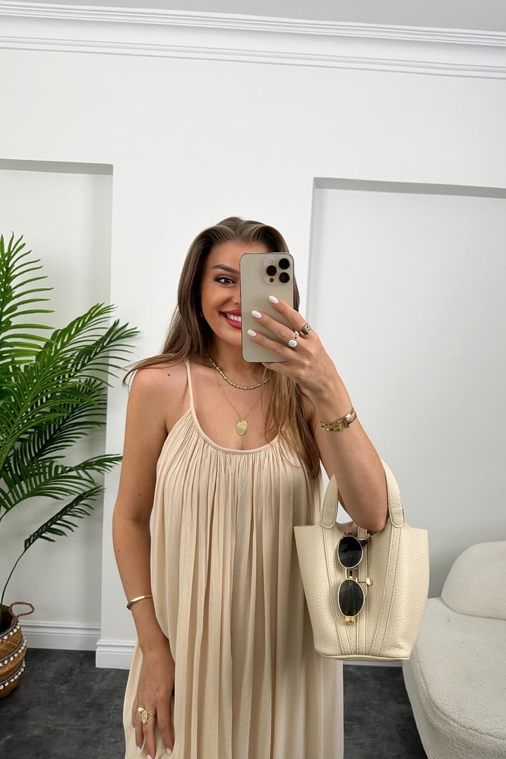 Lüx Kalite Naturel Seri %100 Pamuklu Astarlı Maxi Elbise Taş