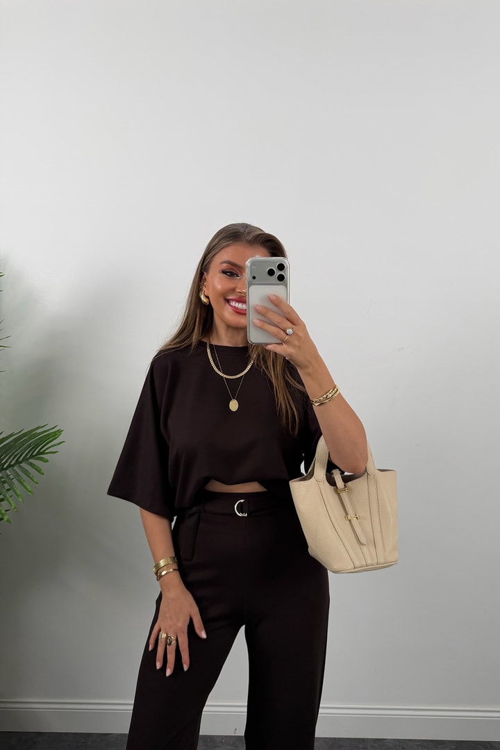 Lüx Kalite Oysh Kumaş Kemerli Likralı Palazzo Bluz Takım Koyu Kahve