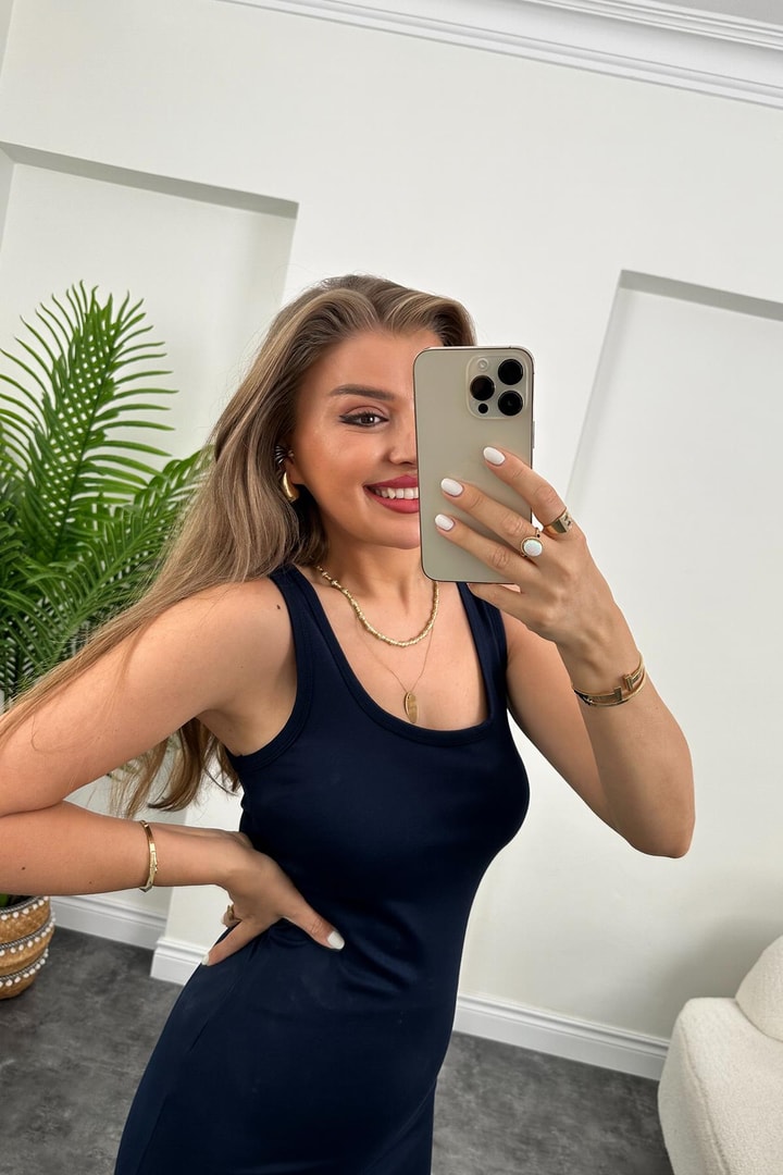 Lüx Kalite Oysh Model Yırtmaçlı Çelik Elbise Lacivert