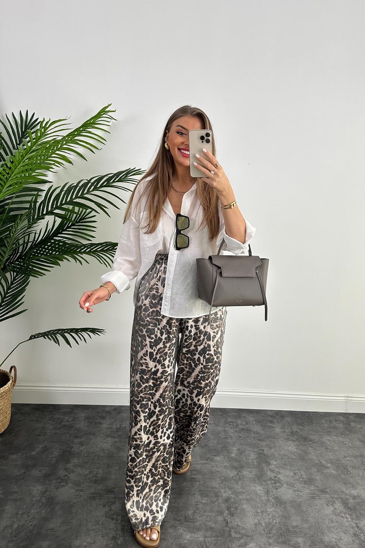 Lüx Kalite Soluk Efekt Parlak Kumaş Leopar Print Saten Palazzo