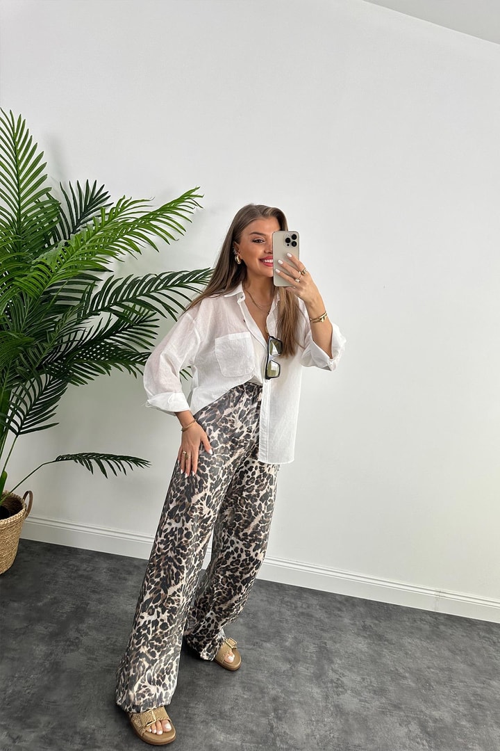 Lüx Kalite Soluk Efekt Parlak Kumaş Leopar Print Saten Palazzo