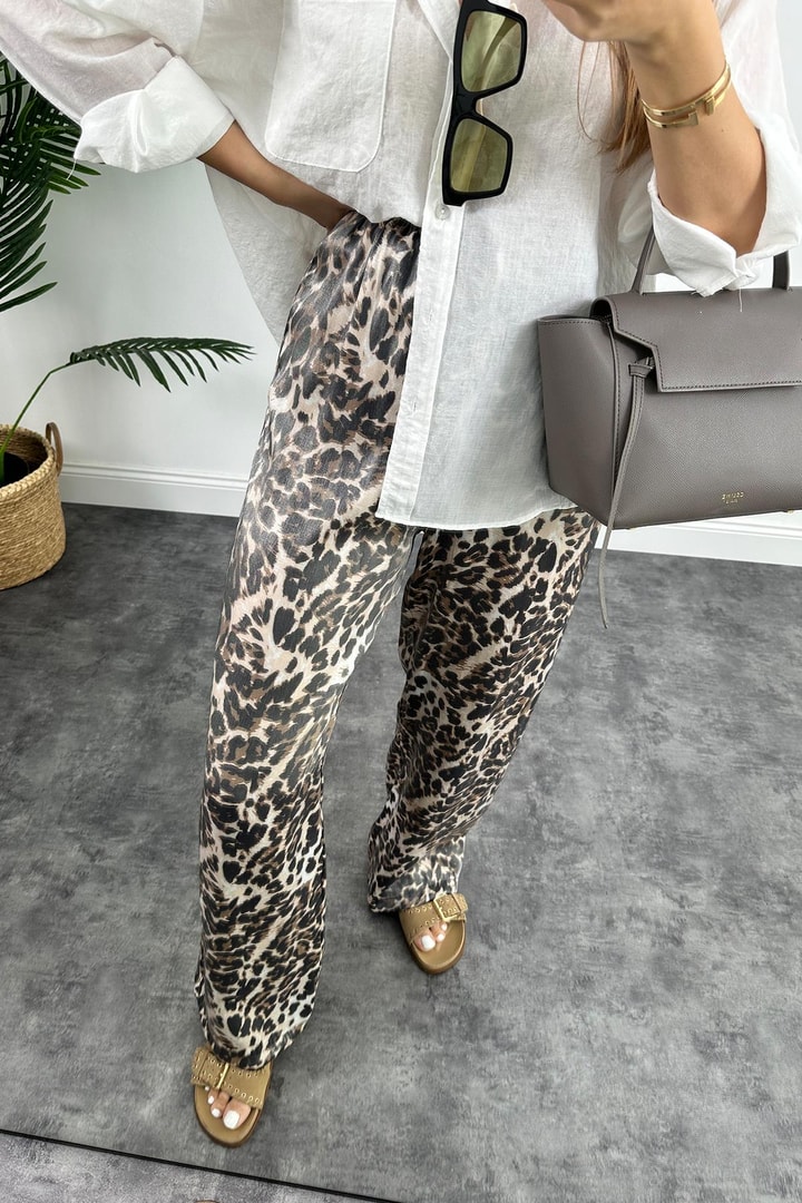 Lüx Kalite Soluk Efekt Parlak Kumaş Leopar Print Saten Palazzo