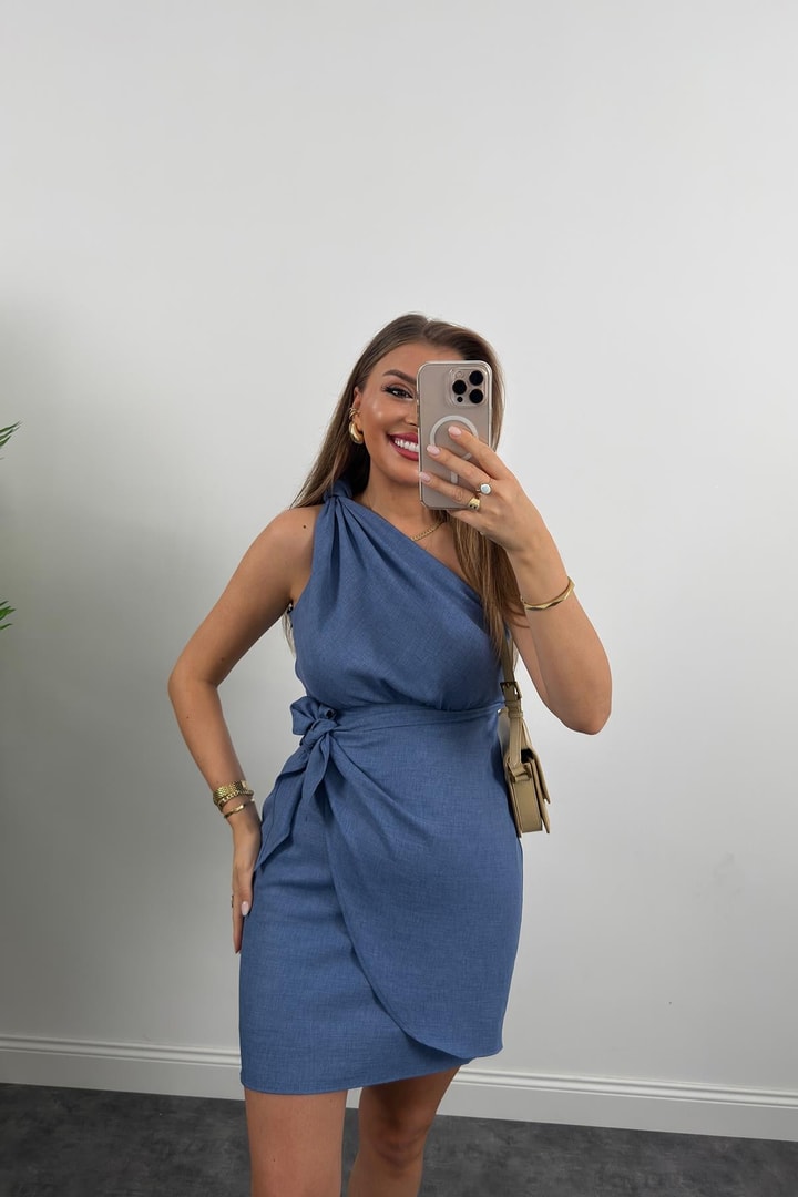 Lüx Kalite Tek Omuz Helen Model Anvelop Keten Elbise İndigo 