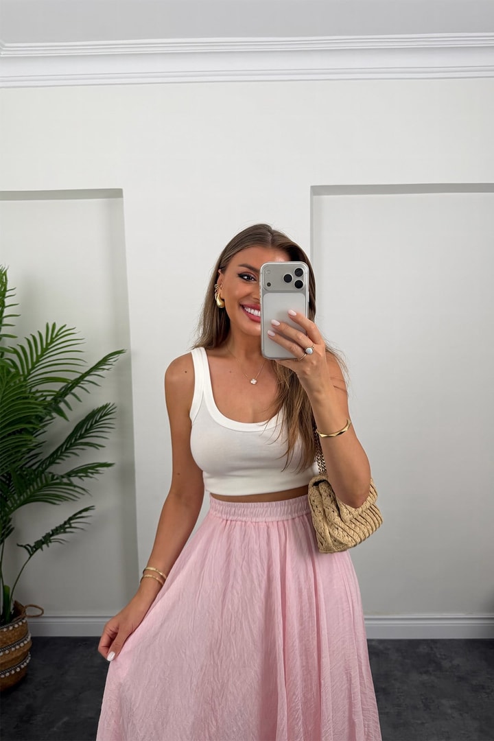 Lüx Kalite Tensel Kumaş Maxi Uçuş Etek Pamuk Şekeri Pembe
