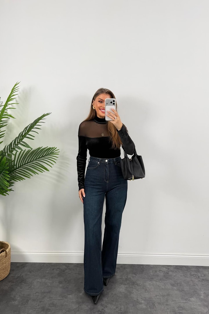 Lüx Kalite Transparan Detaylı Tasarım Kadife Bodysuit