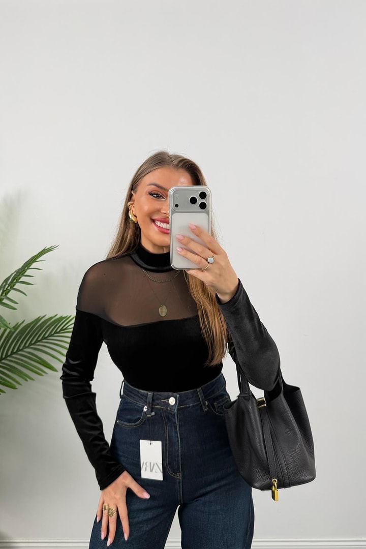 Lüx Kalite Transparan Detaylı Tasarım Kadife Bodysuit