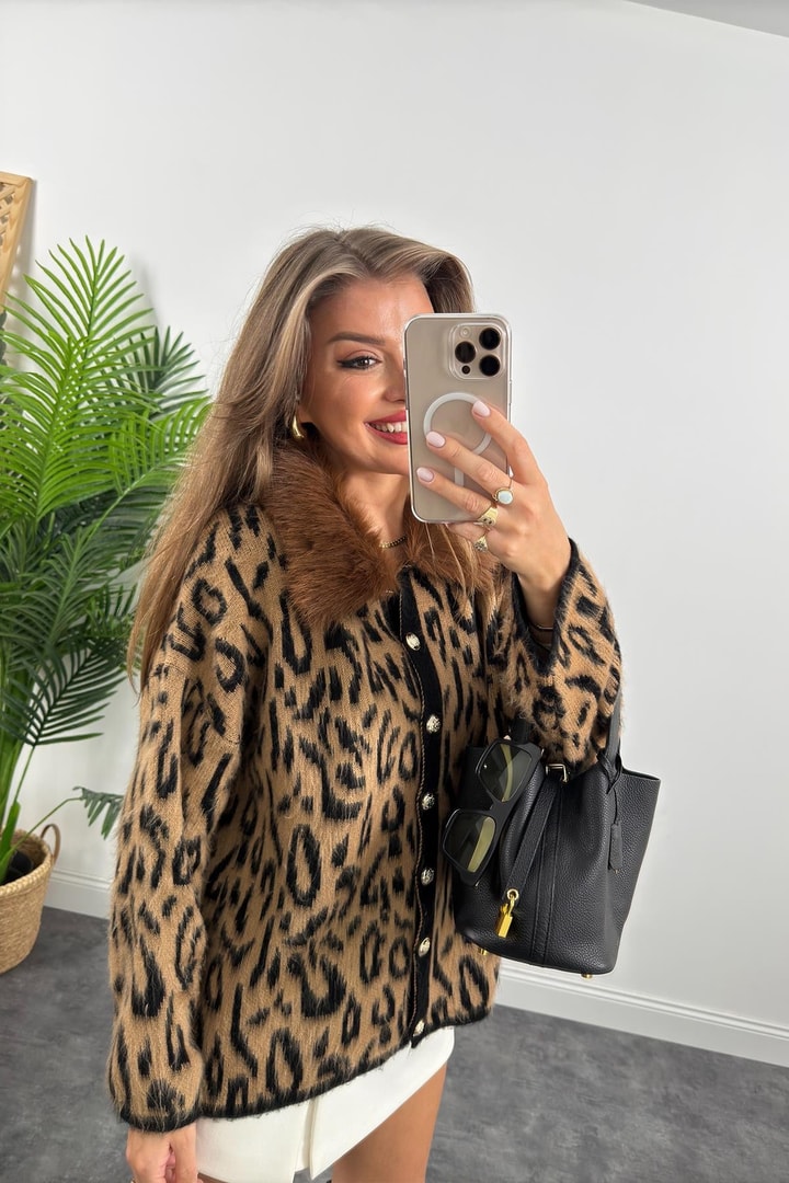 Lüx Kalite Yakası Kürklü Yumoş Leopar Hırka Taba Kürklü