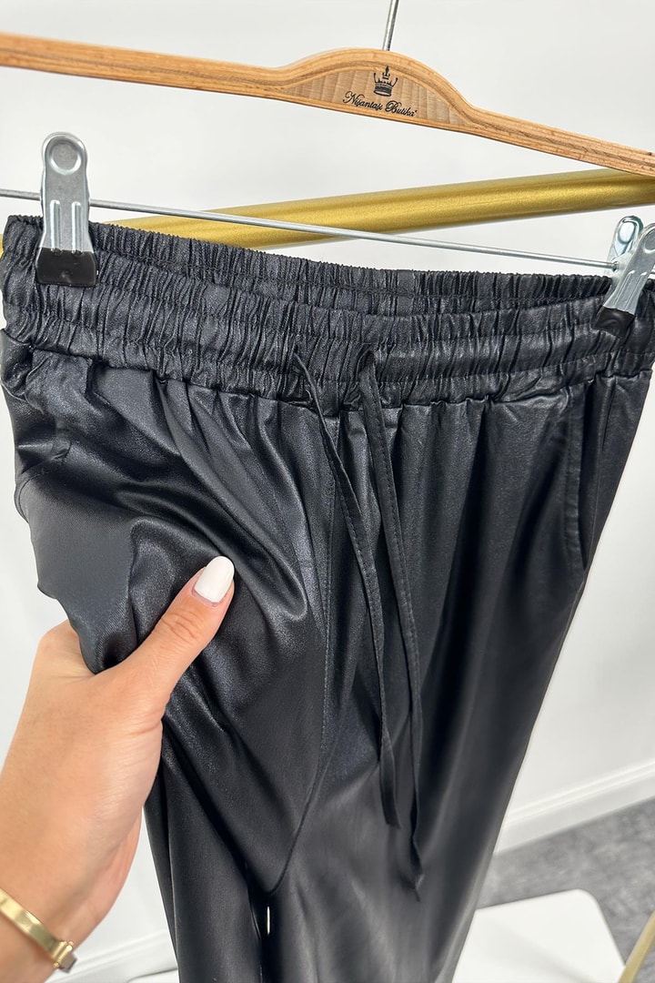 Lüx Kalite Yumuşak Dokulu Beli Lastikli Metalik Siyah Palazzo Pantolon