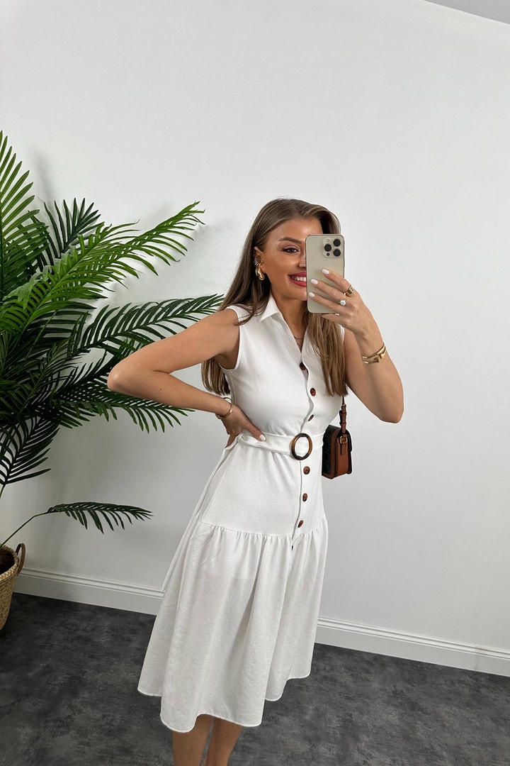 Mango Model Düğmeli Kemerli Keten Elbise Beyaz