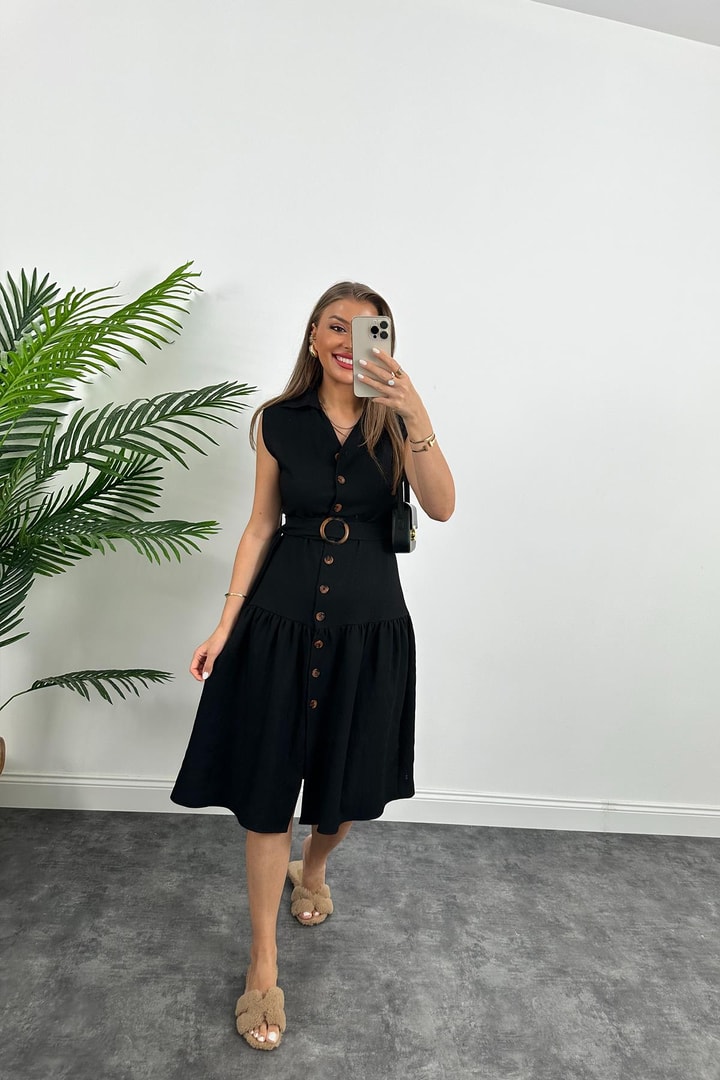 Mango Model Düğmeli Kemerli Keten Elbise Siyah
