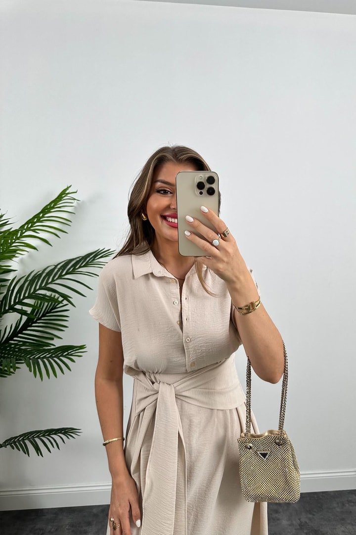 Marka Model Beli Kuşakli Midi Boy Kloş Elbise Taş