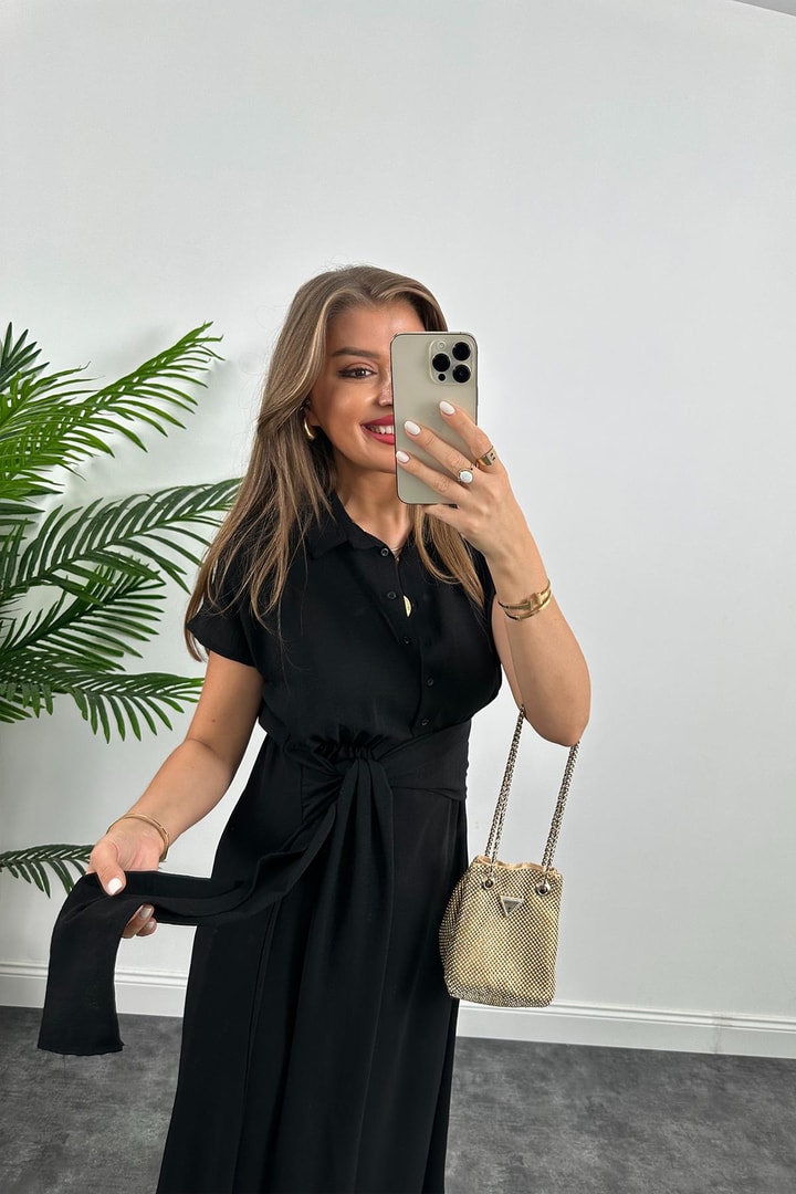 Marka Model Beli Kuşakli Midi Boy Kloş Elbise Siyah