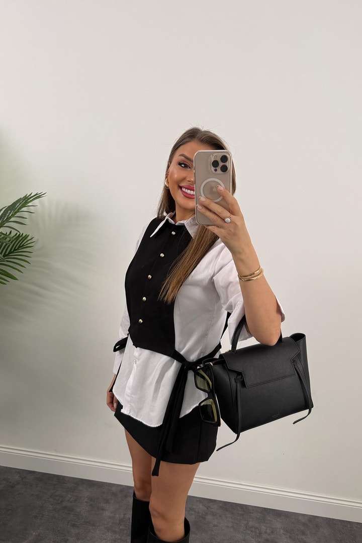 Marka Model Birleşik Tasarım Gömlek Yelek 2li Takım Siyah Beyaz