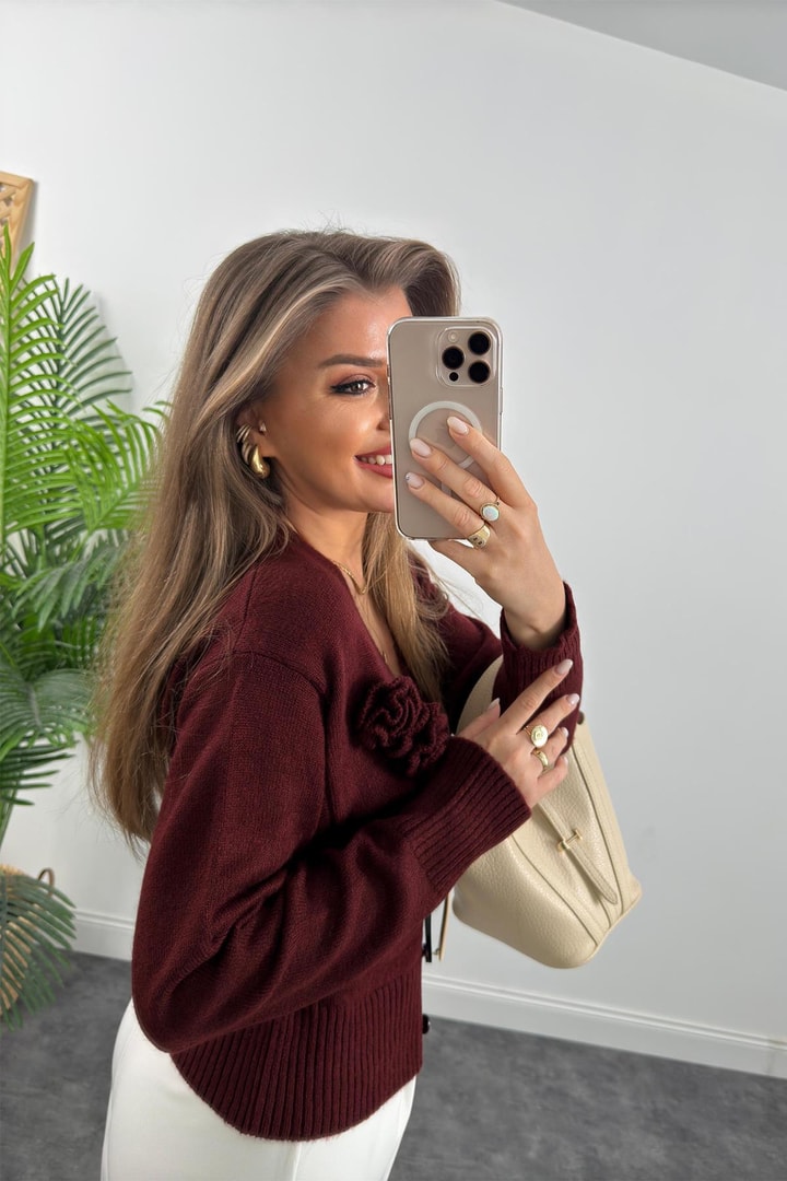Marka Model Gül Broşlu Basic Yumoş Hırka Bordo