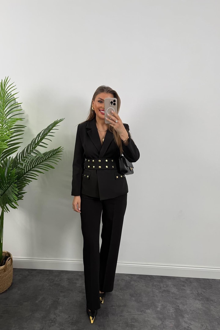 Marka Model Kemeri Zımbalı Tasarım Blazer Ceket Siyah