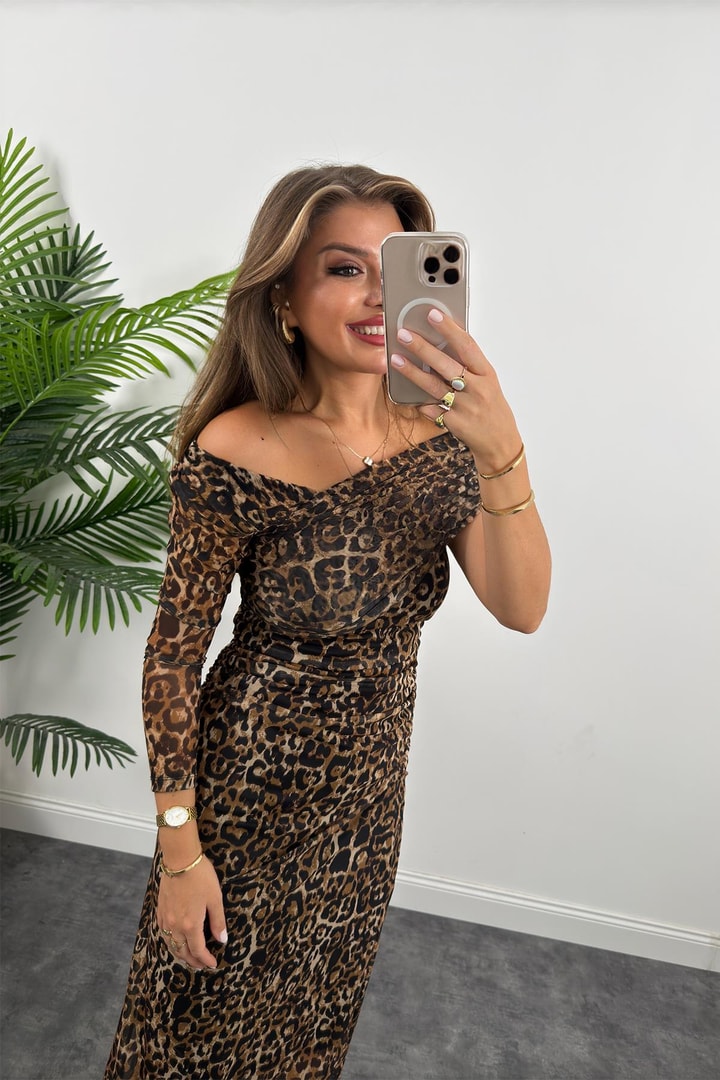 Marka Model Likralı Leopar Tül Elbise
