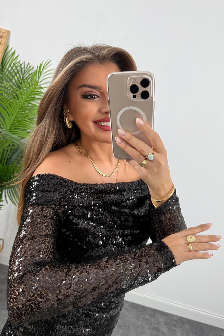 Marka Model Madonna Yaka Mini Payetli Elbise Siyah