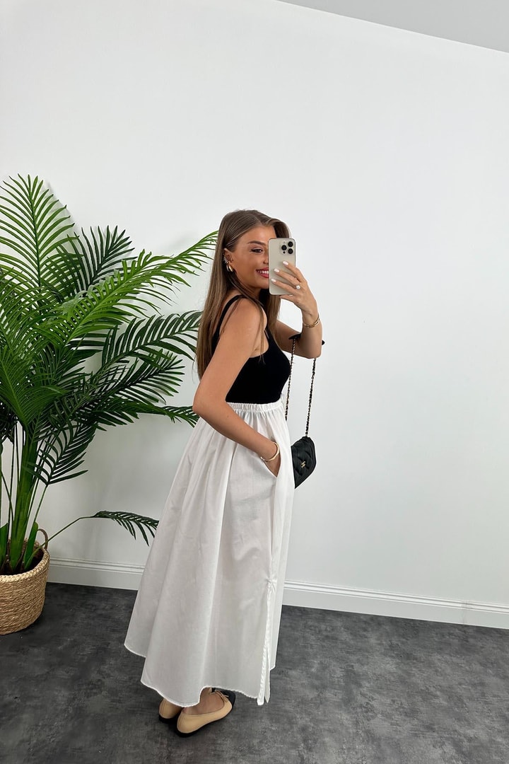 Marka Model Maxi Boy Beli İpli Yırtmaçlı Basic Poplin Etek Beyaz