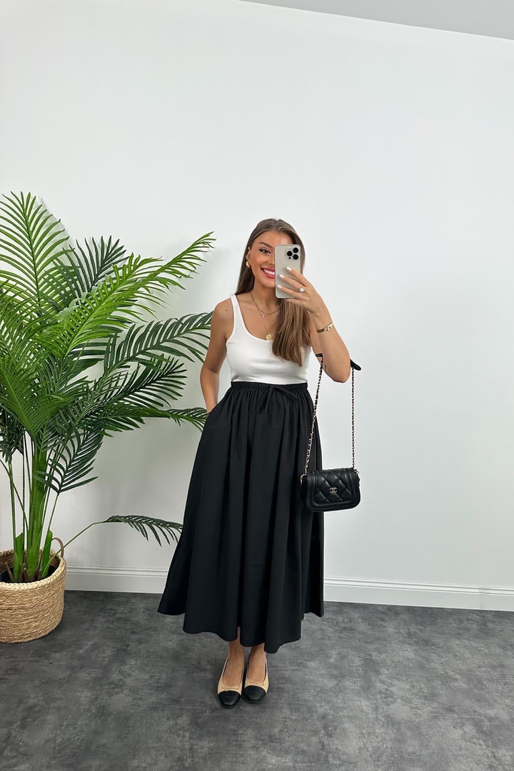 Marka Model Maxi Boy Beli İpli Yırtmaçlı Basic Poplin Etek Siyah