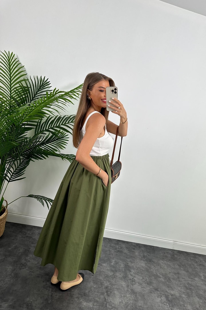Marka Model Maxi Boy Beli İpli Yırtmaçlı Basic Poplin Etek Haki