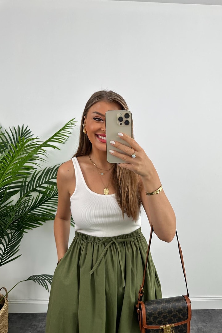 Marka Model Maxi Boy Beli İpli Yırtmaçlı Basic Poplin Etek Haki