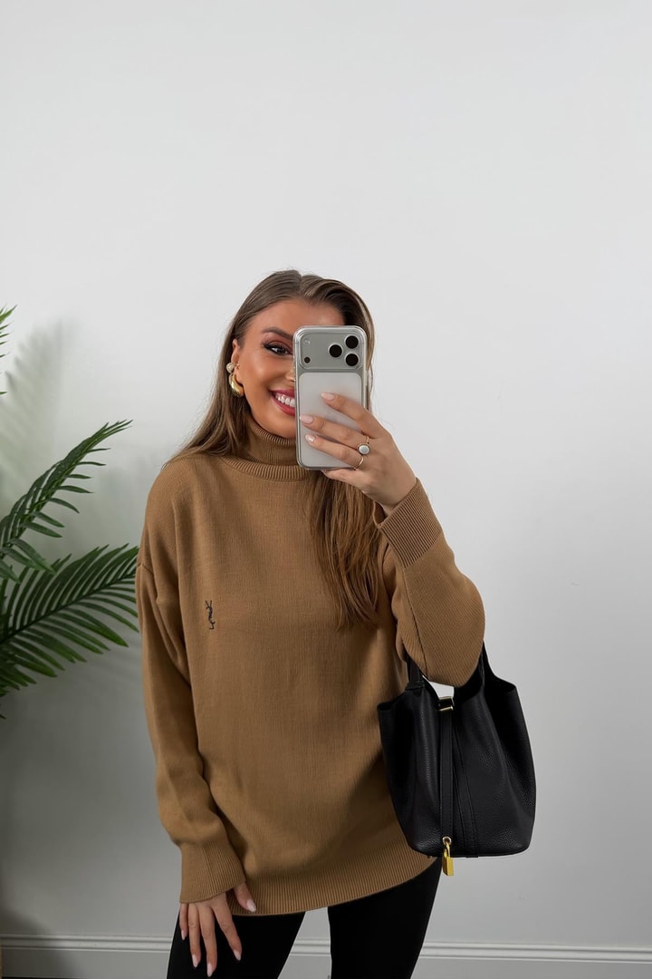 Marka Model Nakışlı Balıkçı Salaş Triko Camel