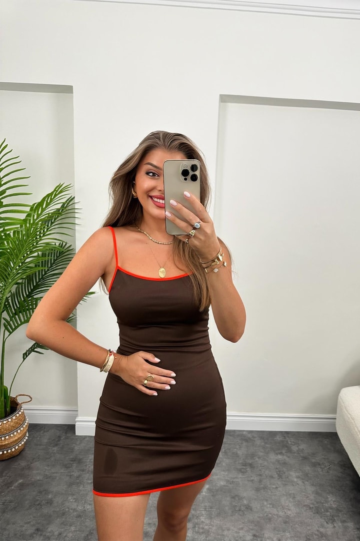 Marka Model Oranj Şeritli Kahve Basic Elbise