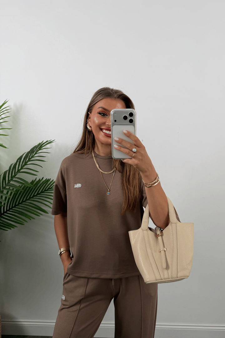 Marka Model Oysh Kumaş Kısa Kollu Eşofman Takımı Vizon