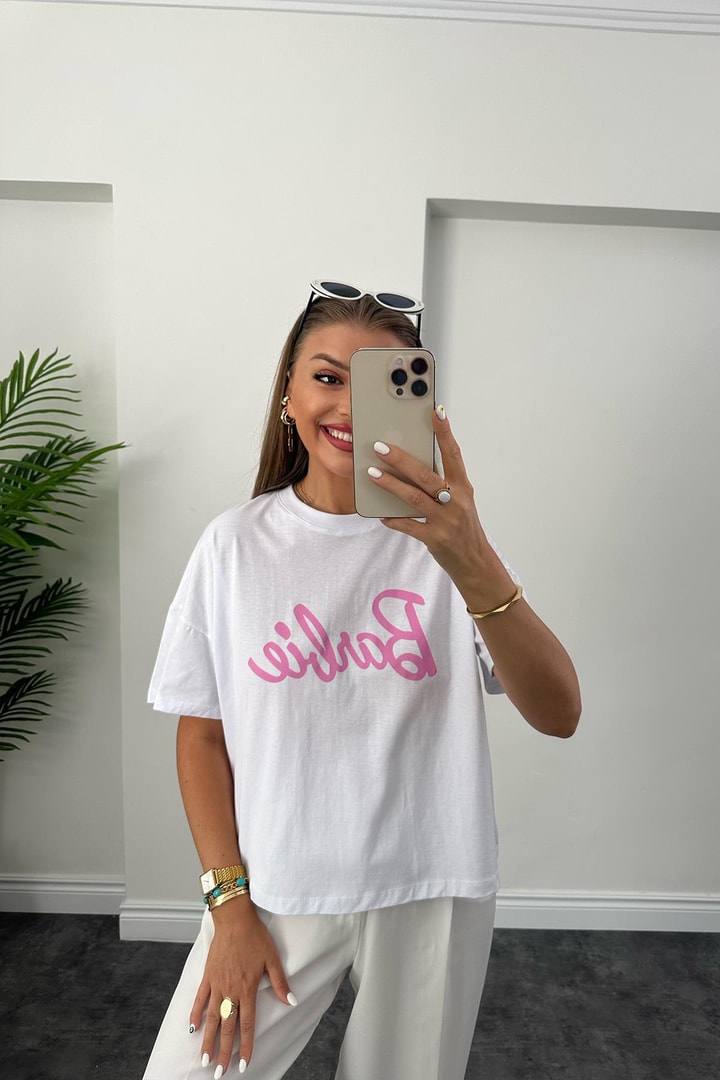 Marka Model Pembe Yazılı Lüx Kalite Basic Pamuklu Tshirt