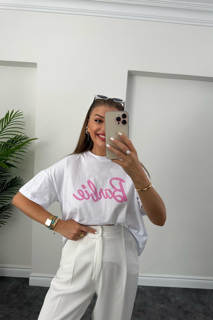 Marka Model Pembe Yazılı Lüx Kalite Basic Pamuklu Tshirt