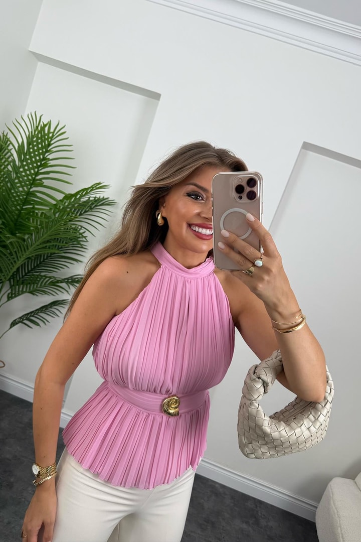 Marka Model Pileli Tasarım Bluz Pembe