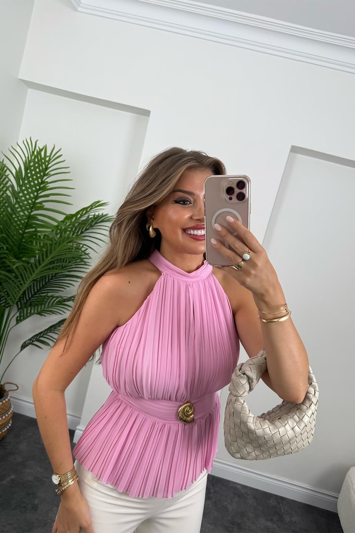 Marka Model Pileli Tasarım Bluz Pembe