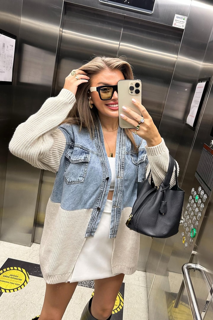 Marka Model  Üstü Mavi Jeanli Triko Mixli Tasarım Ceket  Taş