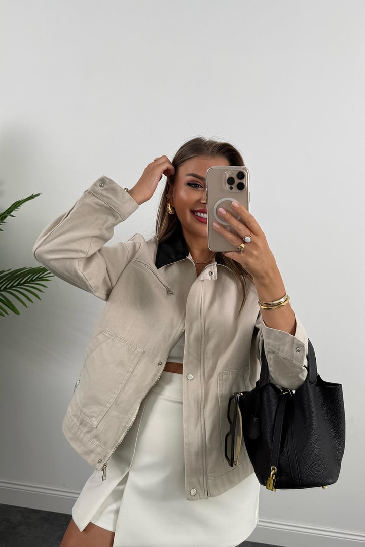Marka Model Yaka Kontrast Gabardin Ceket Taş
