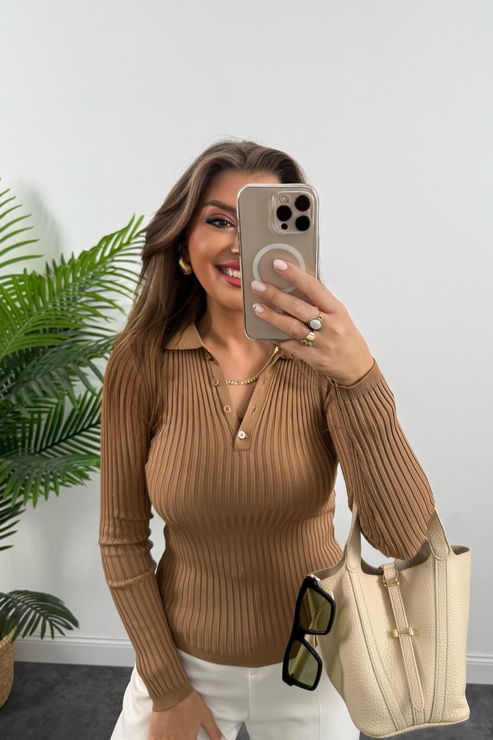 Massi Model 1. Sınıf Kalite İpek Merserize Polo Yaka Uzun Boy Basic Camel