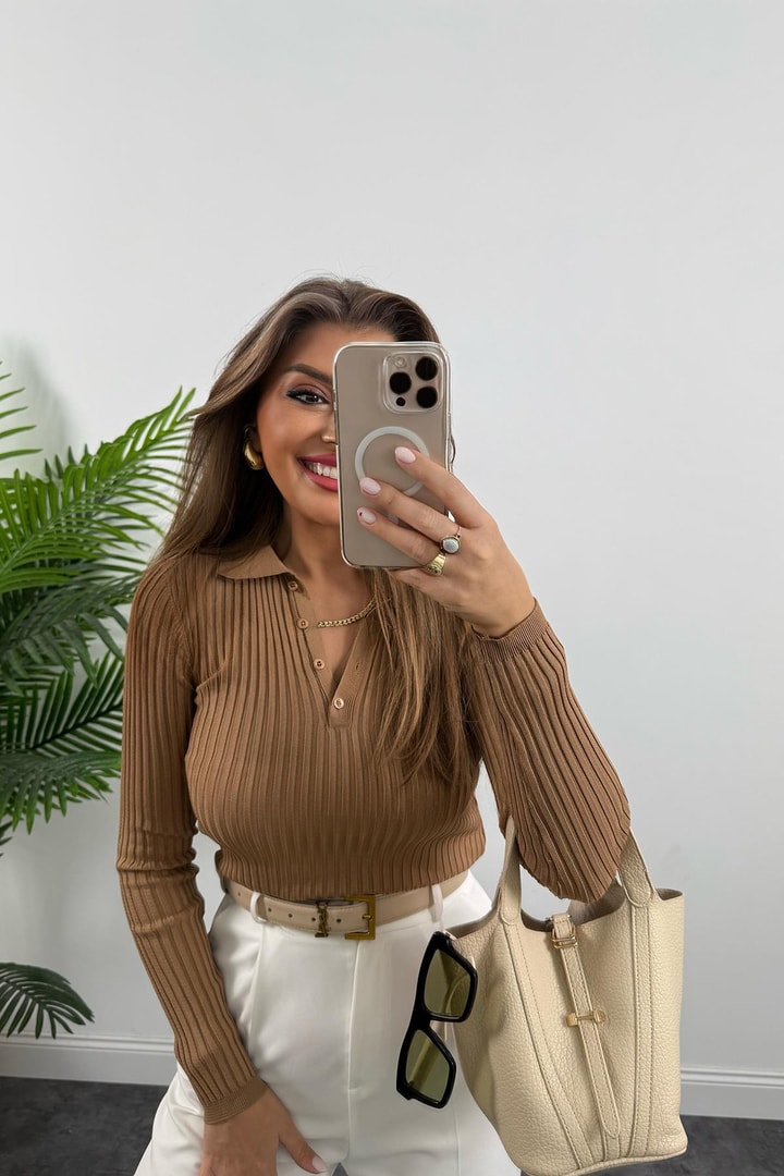 Massi Model 1. Sınıf Kalite İpek Merserize Polo Yaka Uzun Boy Basic Camel