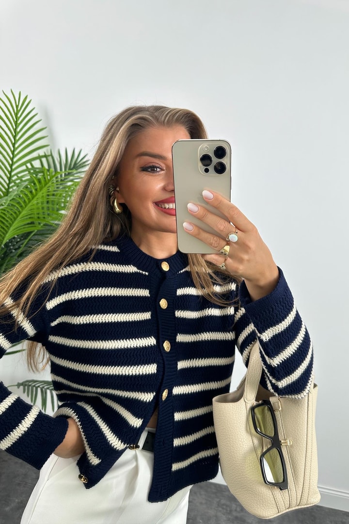 Massi Model Gold Düğmeli Çizgili Marin Hırka Lacivert