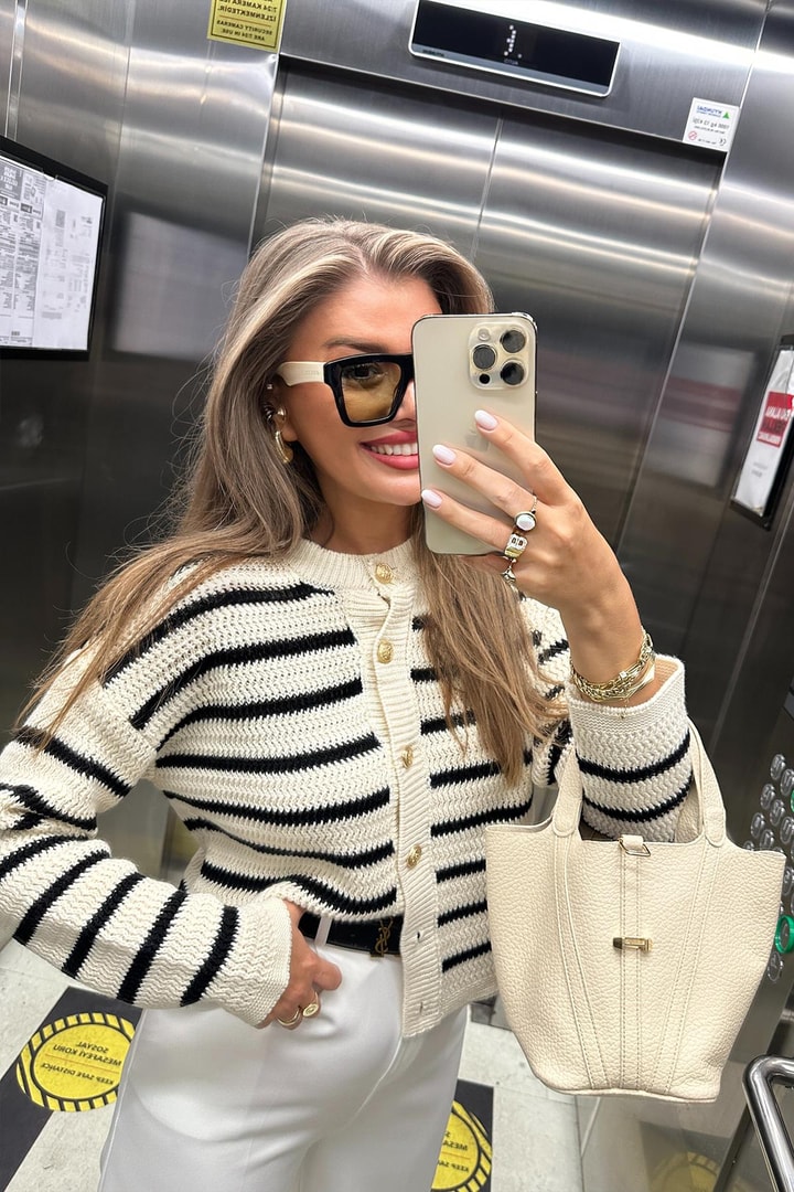 Massi Model Gold Düğmeli Çizgili Marin Hırka Krem