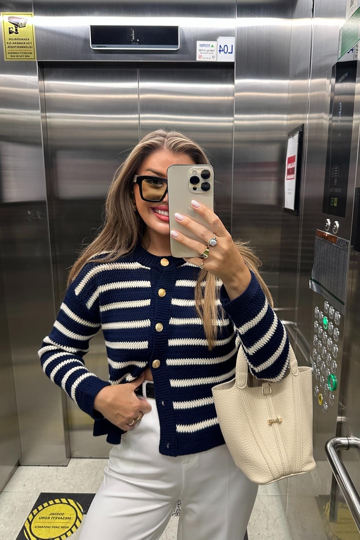 Massi Model Gold Düğmeli Çizgili Marin Hırka Lacivert