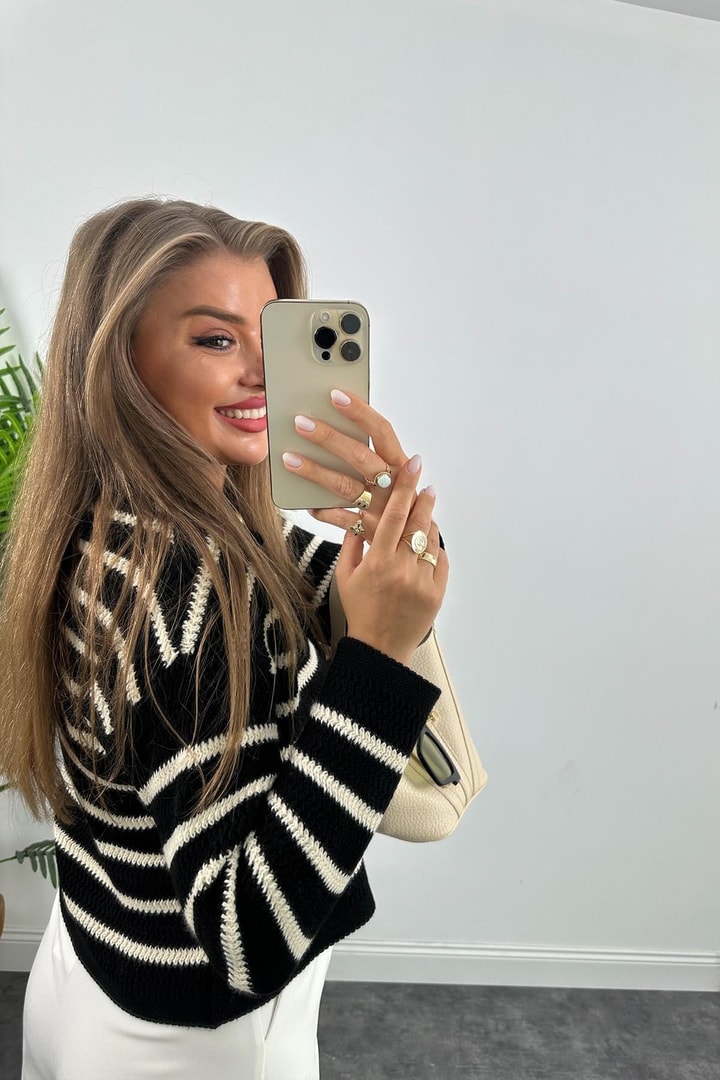 Massi Model Gold Düğmeli Çizgili Marin Hırka Siyah