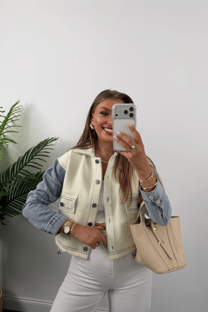 Massi Model Kolu Jean Yumoş Triko Ceket Krem