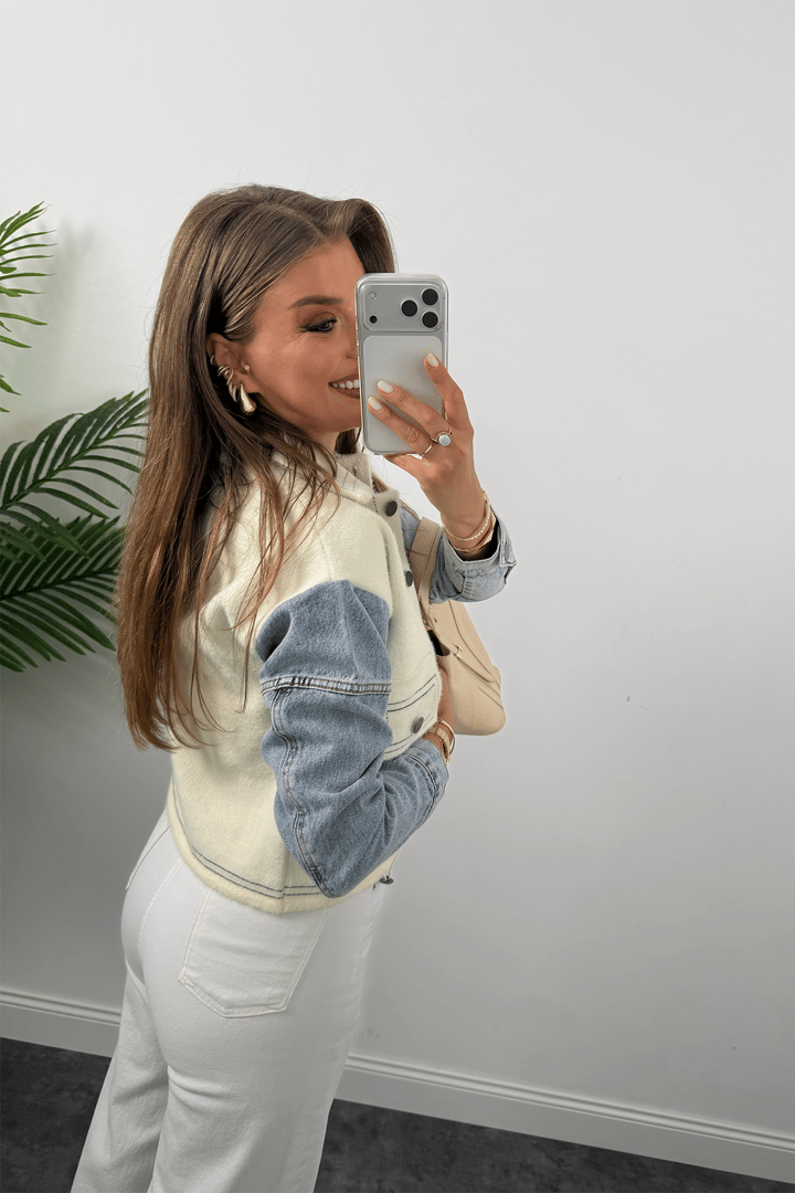 Massi Model Kolu Jean Yumoş Triko Ceket Krem
