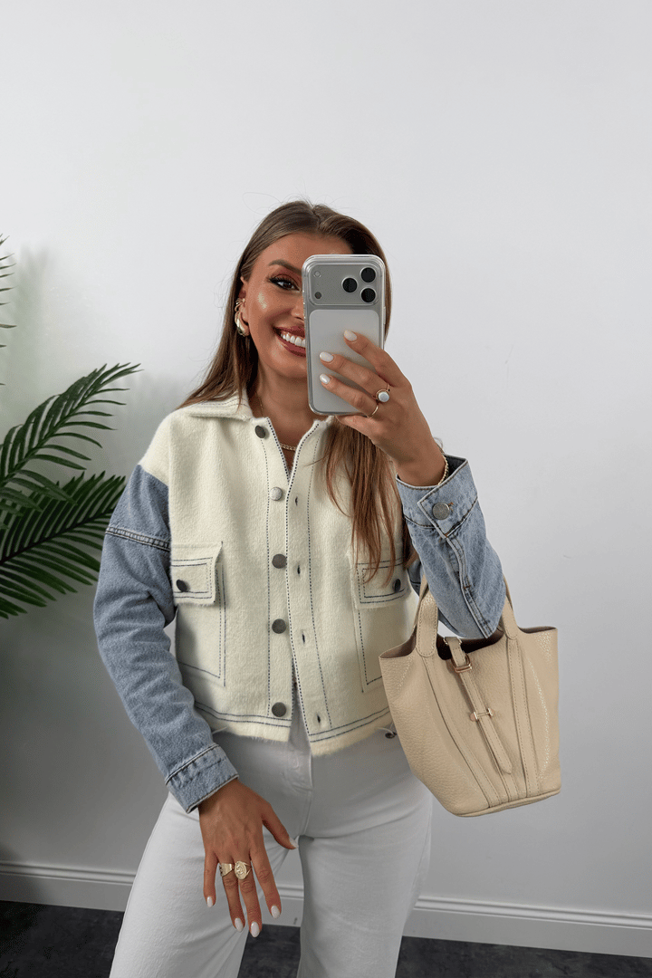 Massi Model Kolu Jean Yumoş Triko Ceket Krem