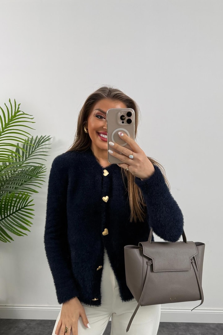 Massi Model Lüx Kalite Kalp Düğme Peluş Triko Hırka Lacivert