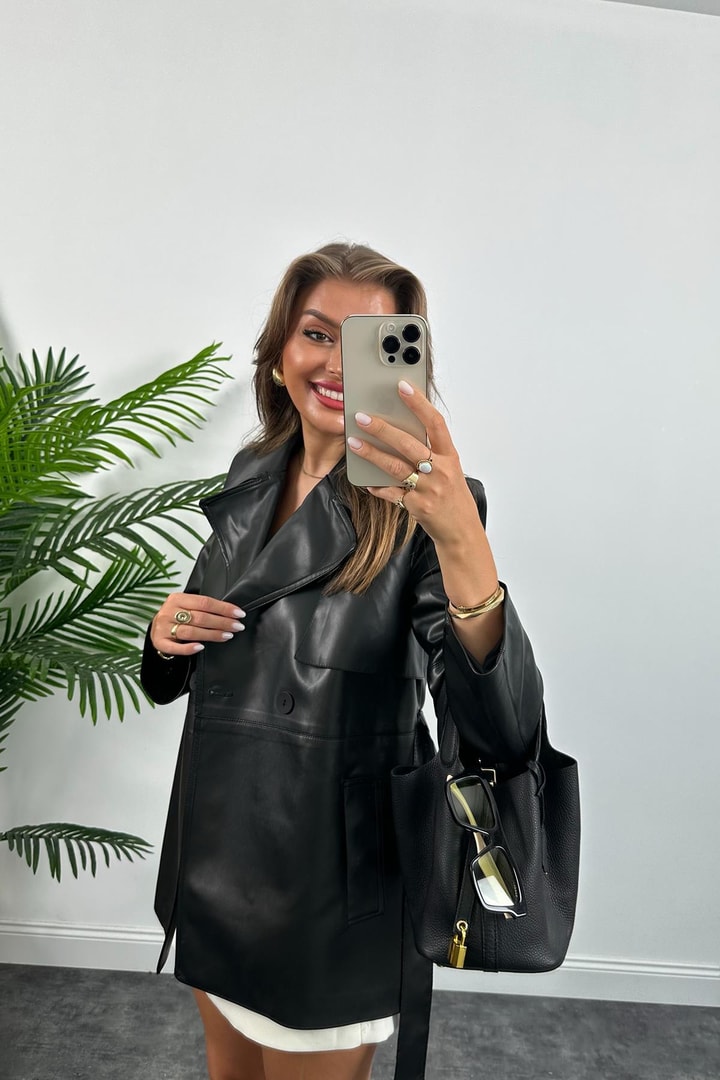 Massi Model Premium Seri Vegan Deri Orta Boy Trençkot Siyah