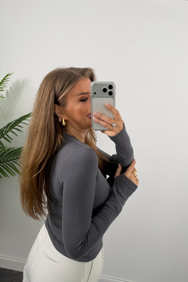 Massi Model Tam Pamuklu Soft Touch Likralı Basic Body Antrasit 