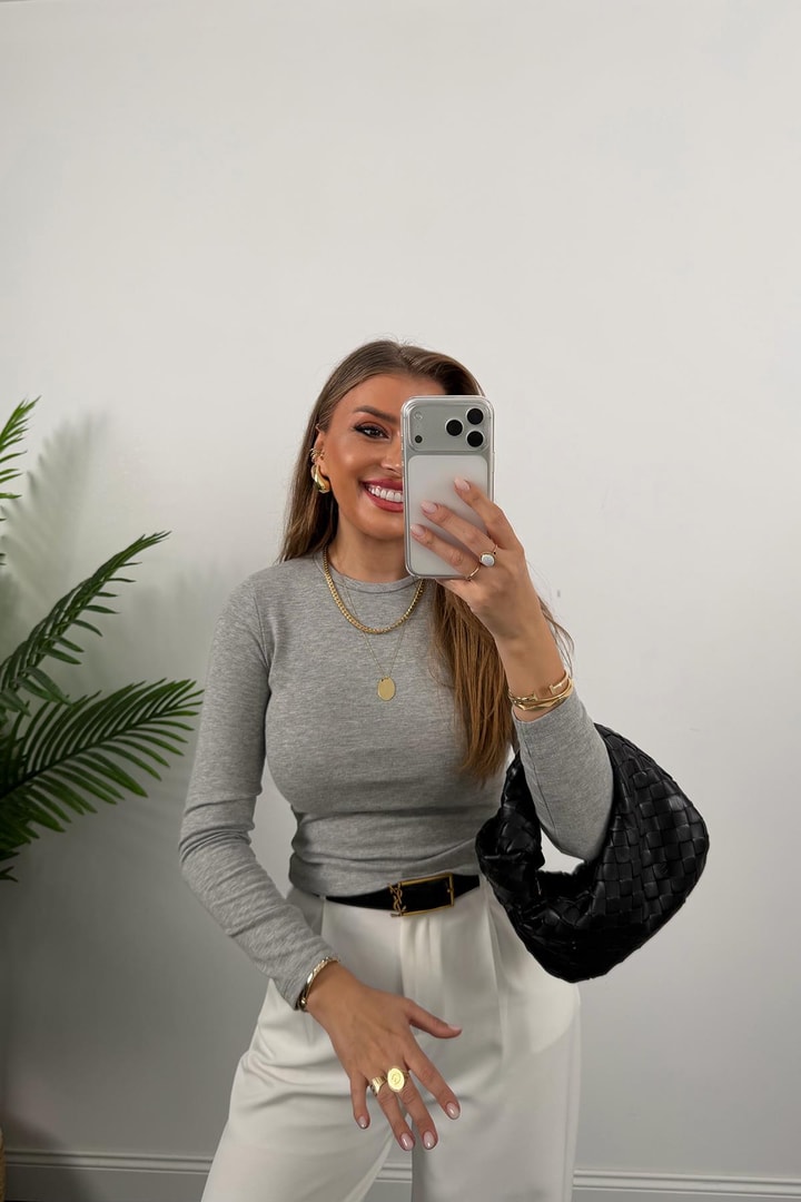 Massi Model Tam Pamuklu Soft Touch Likralı Basic Body Gri Melanj